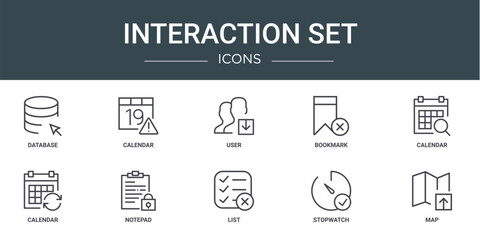 set of 10 outline web interaction set icons such as database, calendar, user, bookmark, calendar, calendar, notepad vector icons for report, presentation, diagram, web design, mobile app