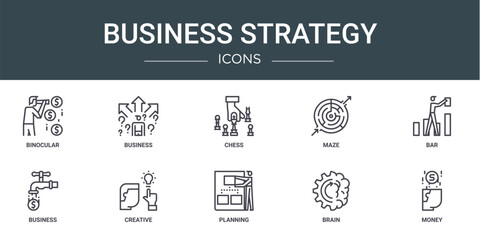 set of 10 outline web business strategy icons such as binocular, business, chess, maze, bar, business, creative vector icons for report, presentation, diagram, web design, mobile app