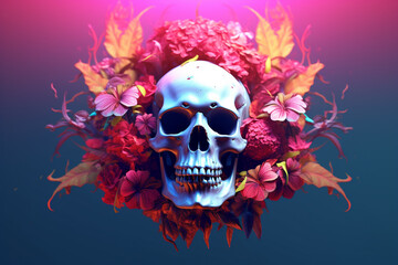 skull decorated with flowers Halloween coral. generative ai