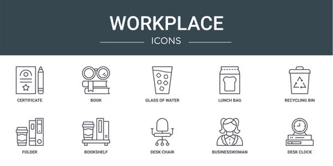 set of 10 outline web workplace icons such as certificate, book, glass of water, lunch bag, recycling bin, folder, bookshelf vector icons for report, presentation, diagram, web design, mobile app