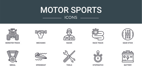 set of 10 outline web motor sports icons such as monster truck, mechanic, racer, race track, gear stick, medal, speedboat vector icons for report, presentation, diagram, web design, mobile app © MacroOne