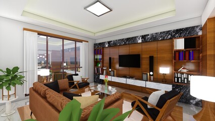 Living room interior with armchairs and sofa with lamp, bookshelves with decor, minimalist reading room. 3D rendering