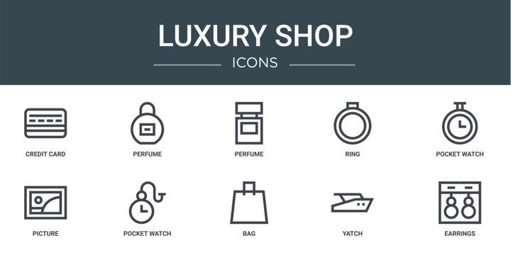 set of 10 outline web luxury shop icons such as credit card, perfume, perfume, ring, pocket watch, picture, pocket watch vector icons for report, presentation, diagram, web design, mobile app