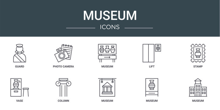 set of 10 outline web museum icons such as guard, photo camera, museum, lift, stamp, vase, column vector icons for report, presentation, diagram, web design, mobile app