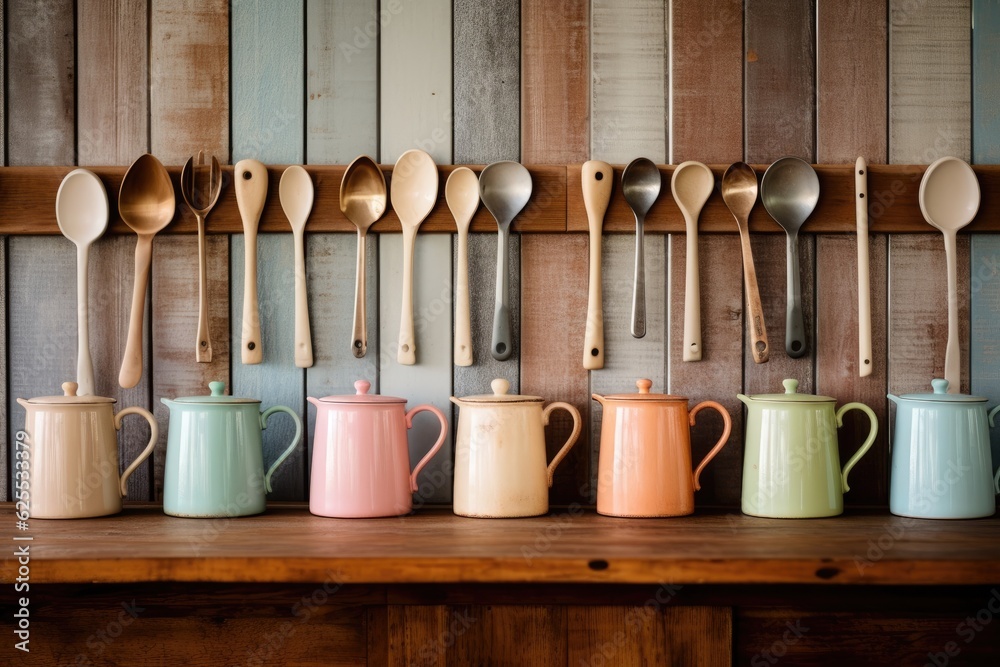 Poster A scene captured in a home kitchen A retro coffee pot, mugs with enamel coating, and old wooden spoons with rustic charm are arranged against a backdrop of a barn wall. The colors used are gentle