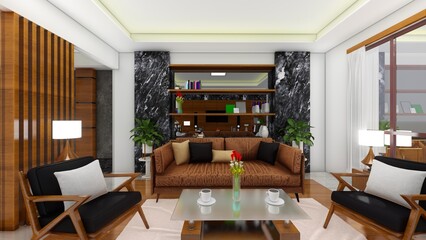 Living room interior with bookshelves and sofa, tv background with decor, minimalist reading room. 3D rendering