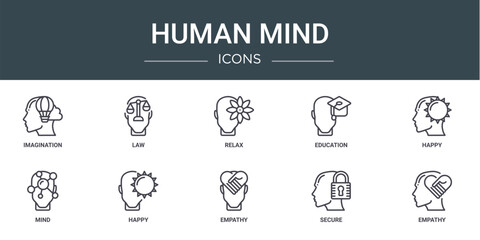set of 10 outline web human mind icons such as imagination, law, relax, education, happy, mind, happy vector icons for report, presentation, diagram, web design, mobile app