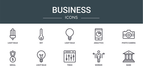 set of 10 outline web business icons such as light bulb, key, light bulb, analytics, photo camera, medal, light bulb vector icons for report, presentation, diagram, web design, mobile app