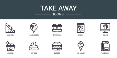 set of 10 outline web take away icons such as sandwich, placeholder, take away, online, online, chicken, hot dog vector icons for report, presentation, diagram, web design, mobile app