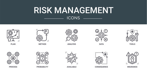 Fototapeta na wymiar set of 10 outline web risk management icons such as plan, method, analysis, data, tools, process, probability vector icons for report, presentation, diagram, web design, mobile app