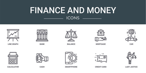 set of 10 outline web finance and money icons such as line graph, bank, balance, mortgage, car, calculator, cash vector icons for report, presentation, diagram, web design, mobile app