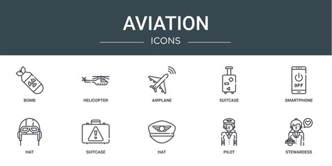 set of 10 outline web aviation icons such as bomb, helicopter, airplane, suitcase, smartphone, hat, suitcase vector icons for report, presentation, diagram, web design, mobile app