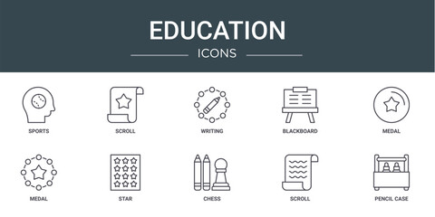 set of 10 outline web education icons such as sports, scroll, writing, blackboard, medal, medal, star vector icons for report, presentation, diagram, web design, mobile app