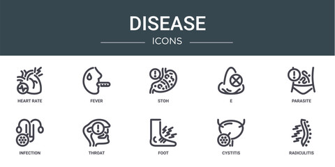 set of 10 outline web disease icons such as heart rate, fever, stoh, e, parasite, infection, throat vector icons for report, presentation, diagram, web design, mobile app