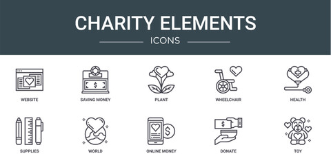 set of 10 outline web charity elements icons such as website, saving money, plant, wheelchair, health, supplies, world vector icons for report, presentation, diagram, web design, mobile app