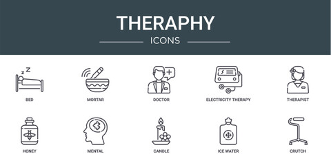set of 10 outline web theraphy icons such as bed, mortar, doctor, electricity therapy, therapist, honey, mental vector icons for report, presentation, diagram, web design, mobile app