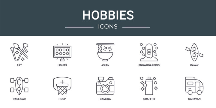 set of 10 outline web hobbies icons such as art, lights, asian, snowboarding, kayak, race car, hoop vector icons for report, presentation, diagram, web design, mobile app