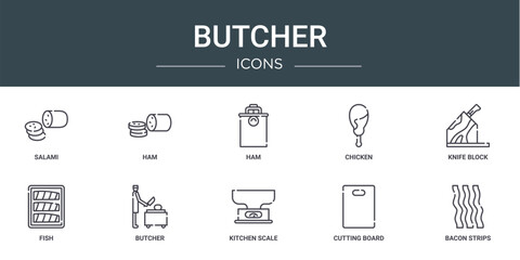 set of 10 outline web butcher icons such as salami, ham, ham, chicken, knife block, fish, butcher vector icons for report, presentation, diagram, web design, mobile app