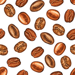 Coffee watercolor grains seamless pattern. Hand drawn endless print. Background and wallpaper for a coffee shop.