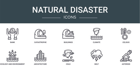 set of 10 outline web natural disaster icons such as bank, catastrophe, buildings, climate, celsius, ecology and environment, architecture vector icons for report, presentation, diagram, web design,