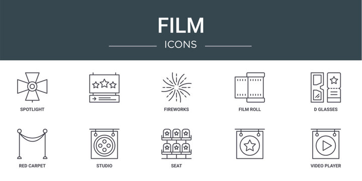 set of 10 outline web film icons such as spotlight, , fireworks, film roll, d glasses, red carpet, studio vector icons for report, presentation, diagram, web design, mobile app