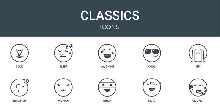 set of 10 outline web classics icons such as cold, sleep, laughing, cool, cry, inverted, woman vector icons for report, presentation, diagram, web design, mobile app