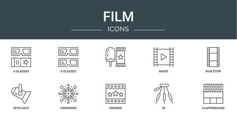 set of 10 outline web film icons such as d glasses, d glasses, , movie, film strip, spotlight, fireworks vector icons for report, presentation, diagram, web design, mobile app