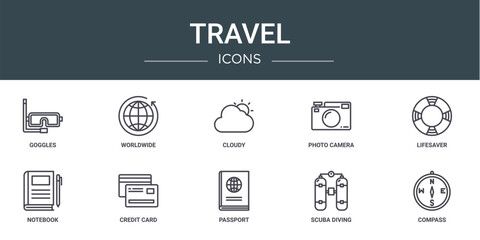 set of 10 outline web travel icons such as goggles, worldwide, cloudy, photo camera, lifesaver, notebook, credit card vector icons for report, presentation, diagram, web design, mobile app