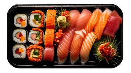 Top view of a sushi box with various delicious fresh sushi in a black bowl. Take away food isolated on white.