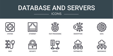 Fototapeta premium set of 10 outline web database and servers icons such as system, ethernet, fast processing, encryption, data, deep, security vector icons for report, presentation, diagram, web design, mobile app