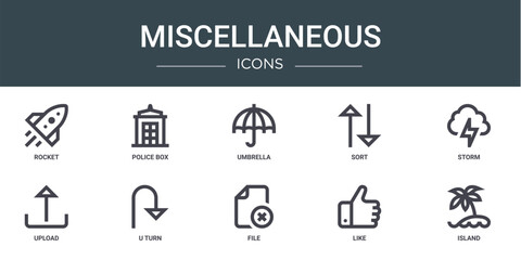 set of 10 outline web miscellaneous icons such as rocket, police box, umbrella, sort, storm, upload, u turn vector icons for report, presentation, diagram, web design, mobile app