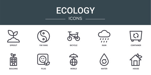 set of 10 outline web ecology icons such as sprout, yin yang, bicycle, rain, container, building, plug vector icons for report, presentation, diagram, web design, mobile app