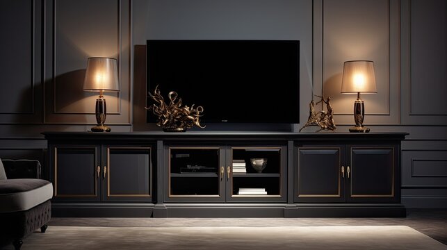 living room cabinet tv in dark room