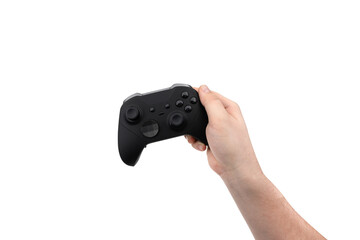 Joystick in hand on a white background. Gamepad in hand closeup isolated on white background. © eremin