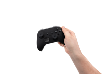 Joystick in hand on a white background. Gamepad in hand closeup isolated on white background.