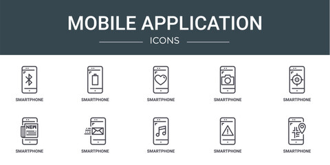 set of 10 outline web mobile application icons such as smartphone, smartphone, smartphone, vector icons for report, presentation, diagram, web design, mobile app