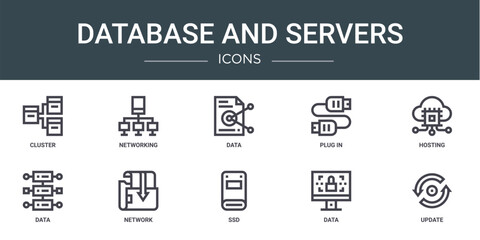 Fototapeta premium set of 10 outline web database and servers icons such as cluster, networking, data, plug in, hosting, data, network vector icons for report, presentation, diagram, web design, mobile app