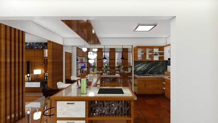 Modern kitchen interior in luxury private house. Wood grain design, Marble floors, Stylish kitchenware. 3d renders