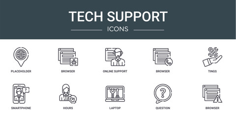 set of 10 outline web tech support icons such as placeholder, browser, online support, browser, tings, smartphone, hours vector icons for report, presentation, diagram, web design, mobile app