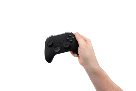 Joystick in hand on a white background. Gamepad in hand closeup isolated on white background.