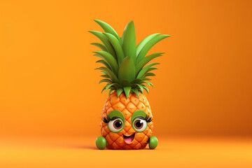 Funny pineapple character with eyes and mouth on orange background. 3d illustration