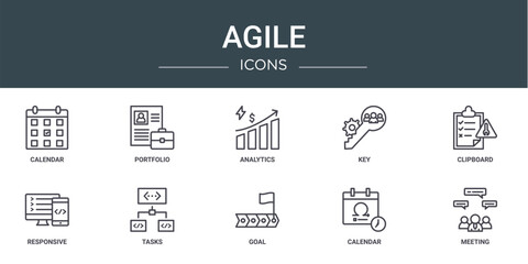set of 10 outline web agile icons such as calendar, portfolio, analytics, key, clipboard, responsive, tasks vector icons for report, presentation, diagram, web design, mobile app