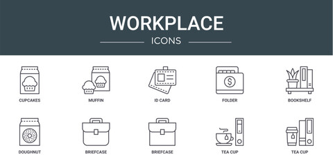 set of 10 outline web workplace icons such as cupcakes, muffin, id card, folder, bookshelf, doughnut, briefcase vector icons for report, presentation, diagram, web design, mobile app