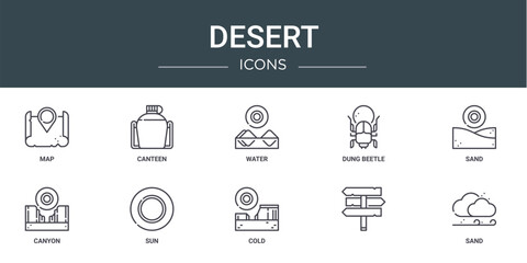 set of 10 outline web desert icons such as map, canteen, water, dung beetle, sand, canyon, sun vector icons for report, presentation, diagram, web design, mobile app