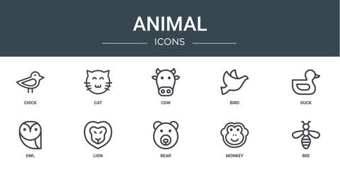 set of 10 outline web animal icons such as chick, cat, cow, bird, duck, owl, lion vector icons for report, presentation, diagram, web design, mobile app