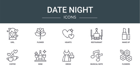 Fototapeta na wymiar set of 10 outline web date night icons such as girl, flower, hearts, restaurant, make up, coffee, wine vector icons for report, presentation, diagram, web design, mobile app