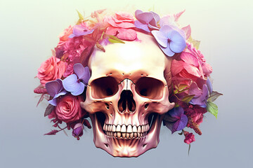 Fototapeta premium skull decorated with flowers Halloween coral. generative ai