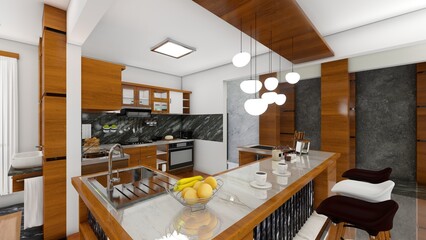Modern kitchen interior in luxury private house. Wood grain design, Marble floors, Stylish kitchenware. 3d renders
