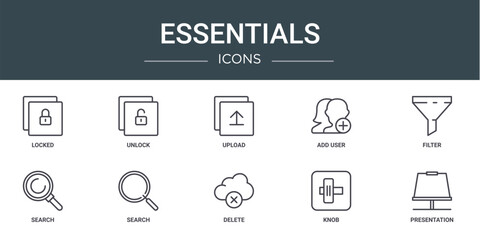 set of 10 outline web essentials icons such as locked, unlock, upload, add user, filter, search, search vector icons for report, presentation, diagram, web design, mobile app