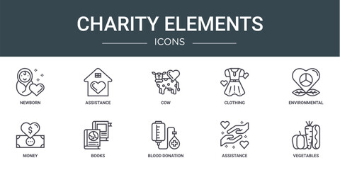 set of 10 outline web charity elements icons such as newborn, assistance, cow, clothing, environmental, money, books vector icons for report, presentation, diagram, web design, mobile app